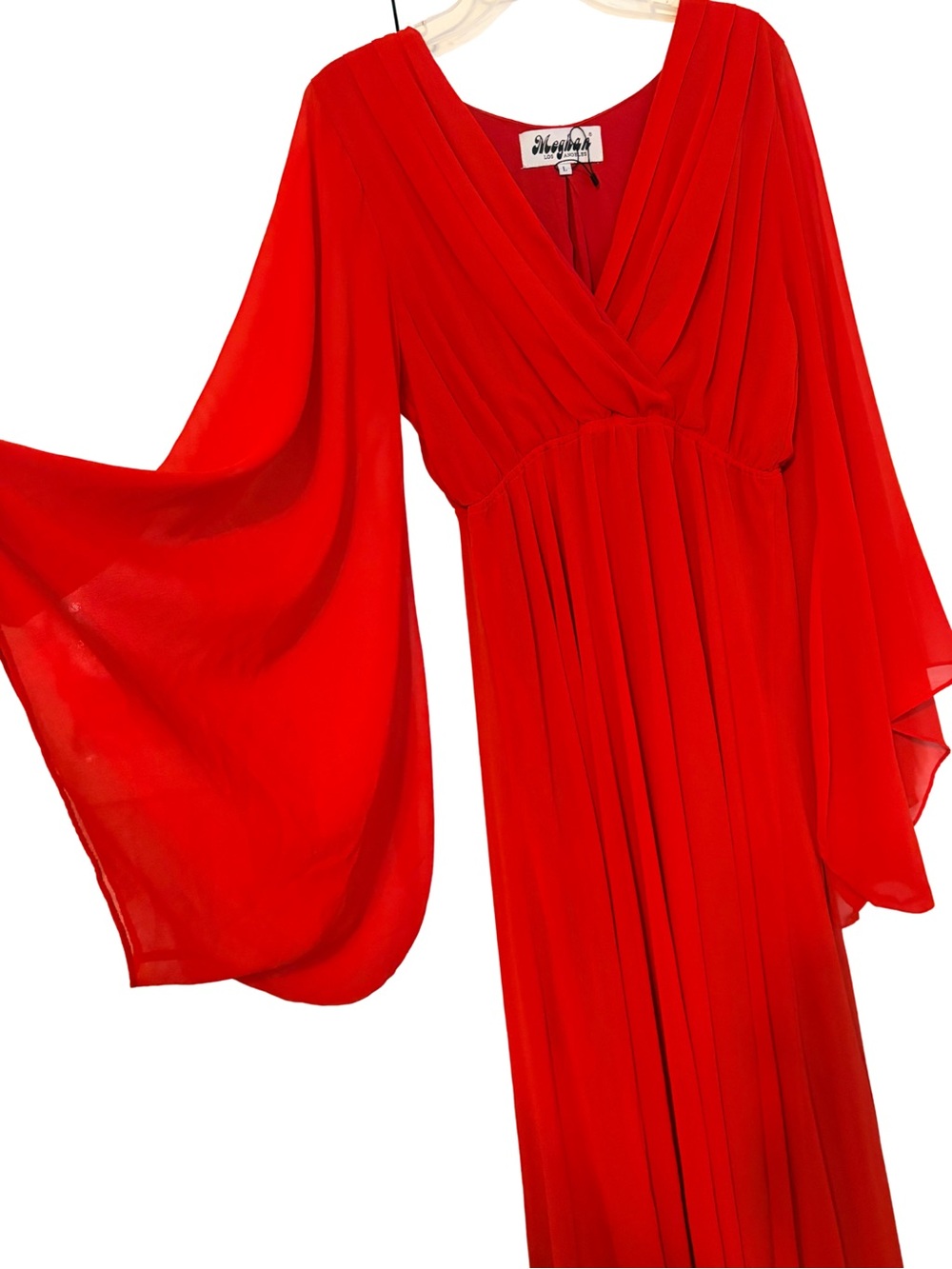 Meghan LA Red Pleated Maxi Dress Bell Sleeve Formal Gown